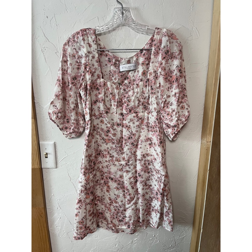 STILLWATER Floral Square Neck Puff Sleeve Mini Dress Pink White Size‎ Small